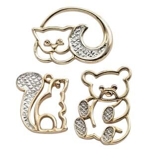 VTG Avon Animal Pins Lot 3 Cat Teddy Bear Squirrel Gold Silver Tone Open Design